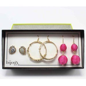 Bijoux Bar 3 Pairs Earrings Hot Pink Drops & Gray Crystal Posts & Gold Hoops NIB